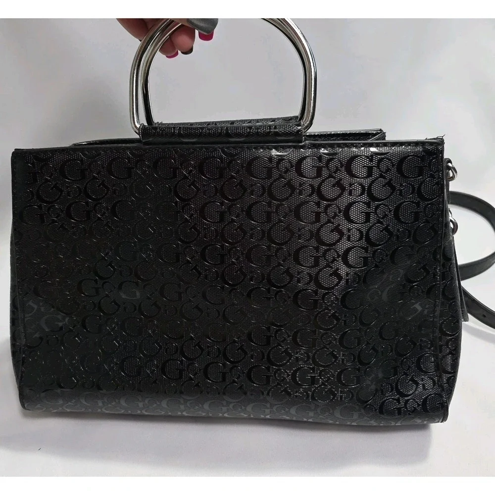 Guess Black Logo Satchel Handbag Silver Handle Crossbody Strap Spacious Bag - Picture 8 of 11
